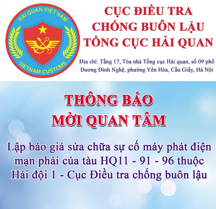 Thư mời quan tâm lập báo giá sửa chữa sự cố máy phát điện mạn phải của tàu HQ11 - 91 - 96 thuộc Hải đội 1 - Cục Điều tra chống buôn lậu