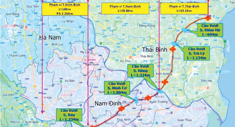 Dự án Cao tốc Ninh Bình - Hải Phòng đoạn qua tỉnh Nam Định và Thái Bình có tổng mức đầu tư hơn 19.700 tỷ đồng, tổng chiều dài khoảng 60,9 km