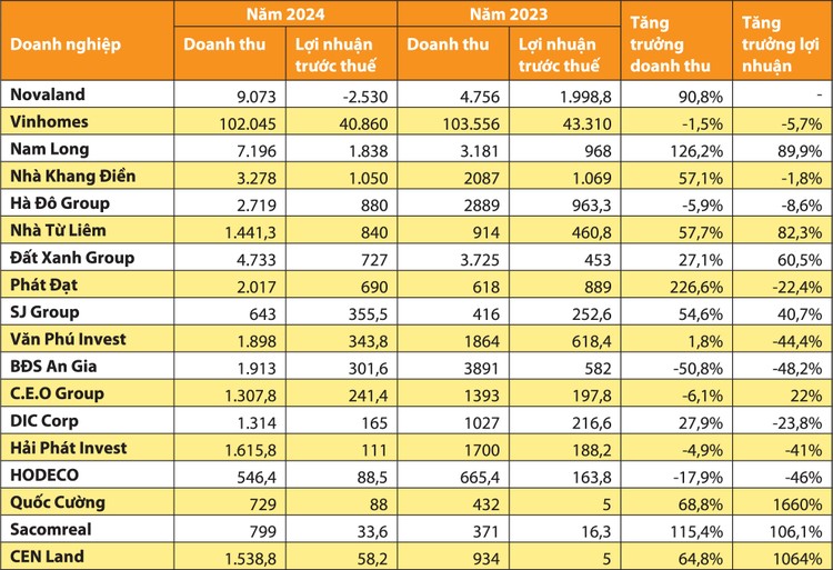 Kết quả kinh doanh năm 2024 của các doanh nghiệp bất động sản nhà ở. Nguồn: Báo cáo tài chính doanh nghiệp. Đơn vị tính: Tỷ đồng