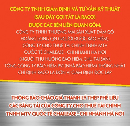 Công ty TNHH Giám định và Tư vấn kỹ thuật thông báo mời chào giá cạnh tranh thanh lý tài sản