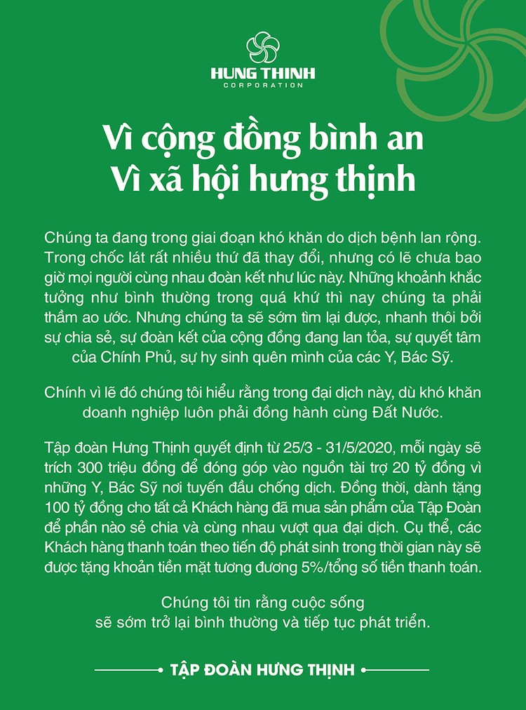 Tập đoàn Hưng Thịnh tài trợ 20 tỷ đồng cho y, bác sĩ chống dịch và dành tặng khách hàng 100 tỷ đồng   