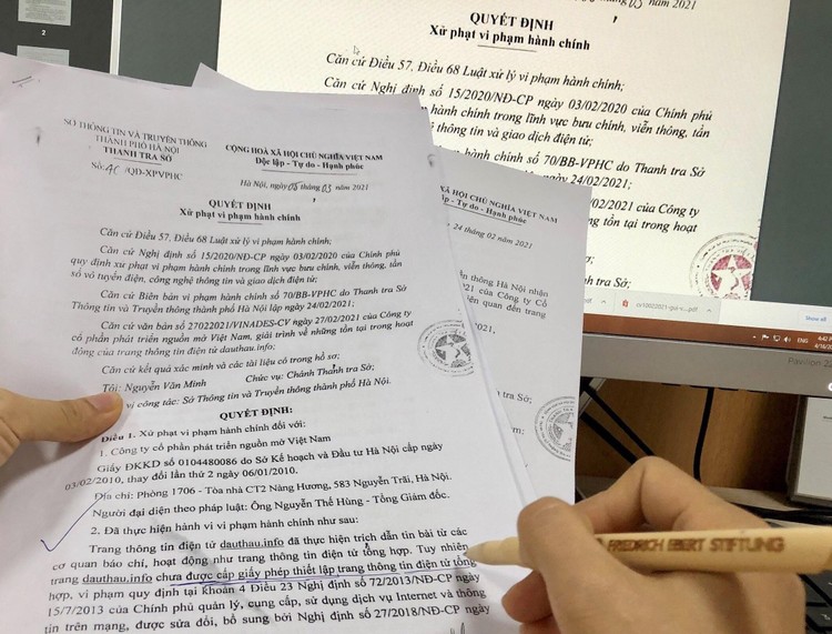 Thanh tra Sở Thông tin và Truyền thông TP. Hà Nội đã ra quyết định xử phạt vi phạm hành chính và thu hồi tên miền dauthau.info đối với Công ty CP Phát triển nguồn mở Việt Nam do vi phạm quy định (ảnh: LT)